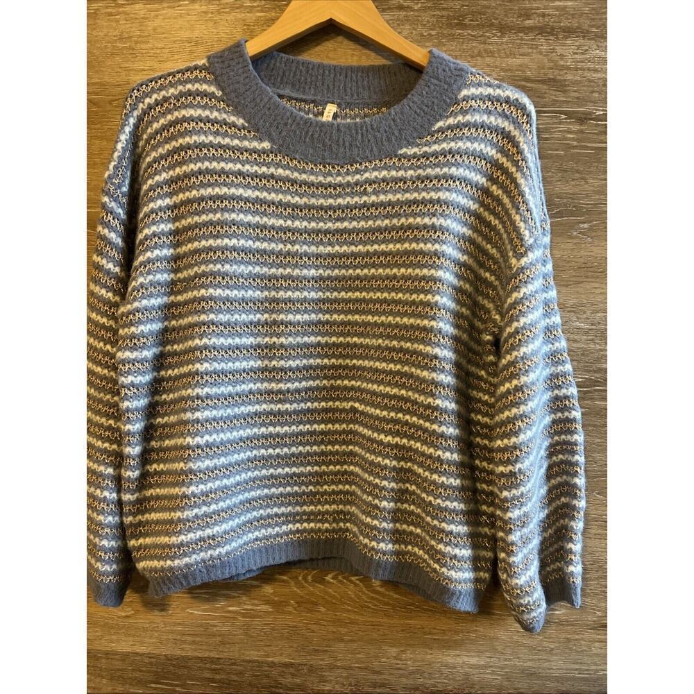 RAGA Beach Club Pullover Sweater Sz M Blue Gold Metallic Anthropologie